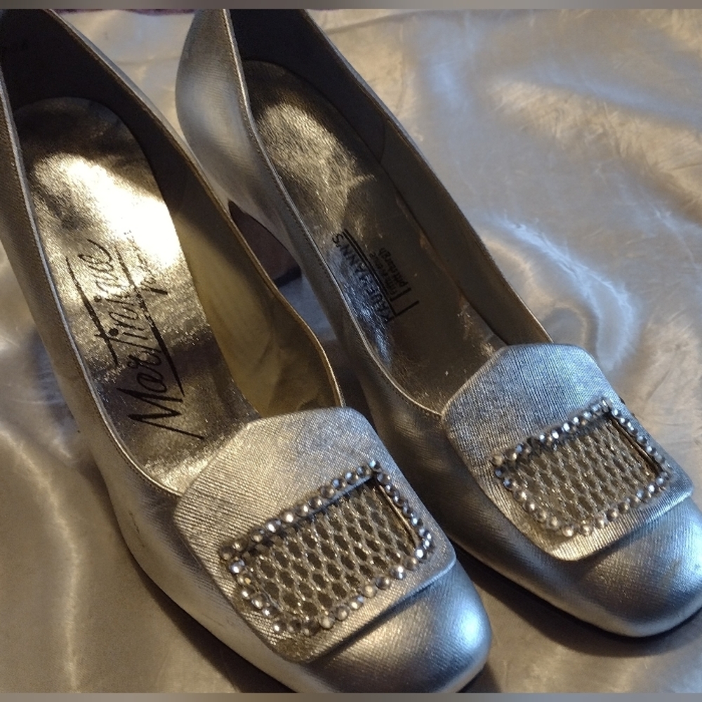 Vtg 60s SILVER MARTINIQUE By KAUFMANNS GLITTERY MESH/NET RHINESTONE SHOES, 6.5A